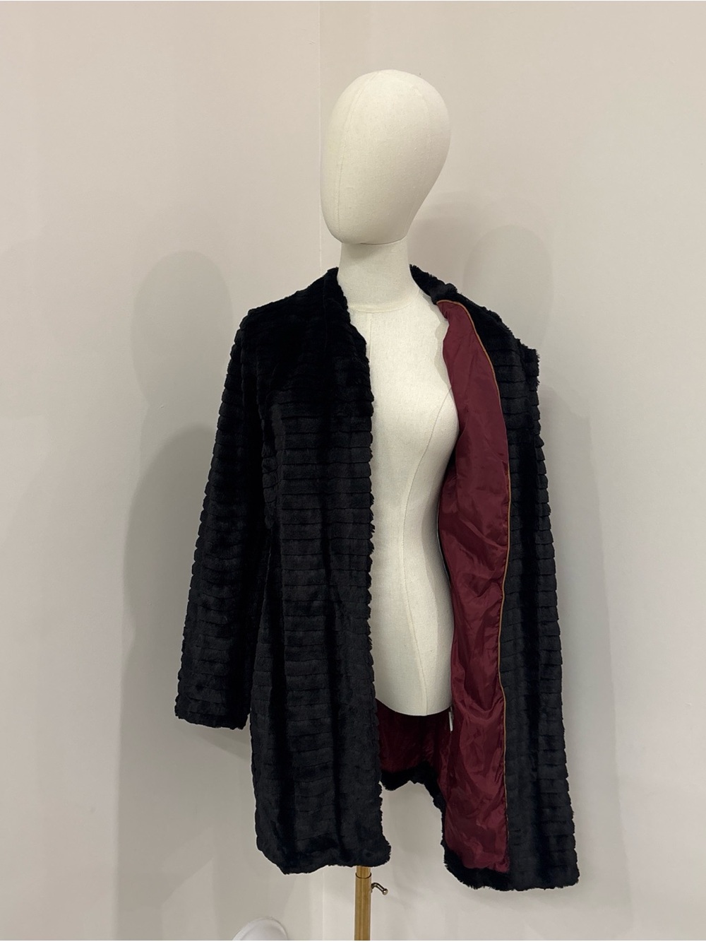 Black Faux Fur Open Coat with Burgundy Lining